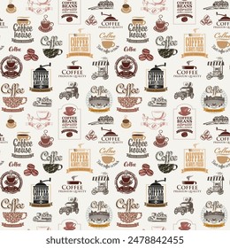 Vector seamless pattern background on the coffee theme with coffee beans and logo label, inscriptions and illustrations in retro style. Suitable for wallpaper, wrapping paper or fabric