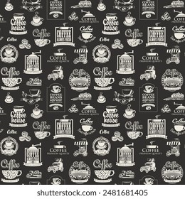 Vector seamless pattern background on the coffee theme with coffee beans and logo label, inscriptions and illustrations in retro style. Suitable for wallpaper, wrapping paper or fabric