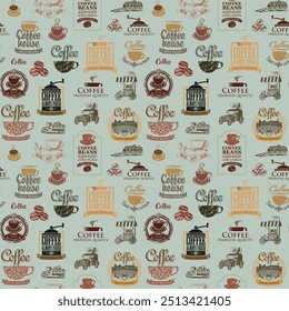 Vetor fundo padrão sem emenda sobre o tema do café com grãos de café e etiqueta de logotipo, inscrições e ilustrações em estilo retro. Adequado para papel de parede, papel de embrulho ou tecido