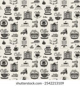 Vector seamless pattern background on the coffee theme with coffee beans and logo label, inscriptions and illustrations in retro style. Suitable for wallpaper, wrapping paper or fabric