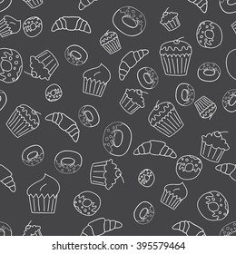 Vector seamless pattern background. Outlined drawing of the bakery on the blackboard.