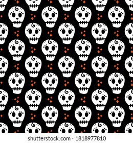 Vector seamless pattern background with painted doodle skulls for Halloween and Day of the Dead holidays, events.
