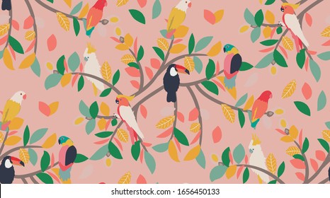 vector seamless pattern background with parrots and cockatoos