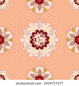 Vector seamless pattern background: Peachy Trellis. This soft classic pattern features two different subtle rosettes on a peach background with a trellis. Part of Rosettes On A Trellis collection.