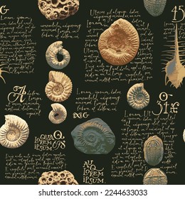 vector seamless pattern background with photo of ancient ammonite shells and trilobites and text loreum ipsum imitating paleontological catalog or encyclopedia. Suitable for wallpaper design