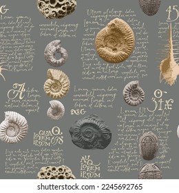 vector seamless pattern background with photo of ancient ammonite shells and trilobites and text loreum ipsum imitating paleontological catalog or encyclopedia. Suitable for wallpaper design