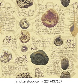 vector seamless pattern background with photo of ancient ammonite shells and trilobites and text loreum ipsum imitating paleontological catalog or encyclopedia. Suitable for wallpaper design