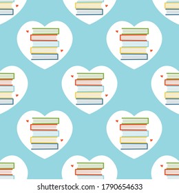 Vector seamless pattern background with piles of books in heart frame for National Book Lovers Day.
