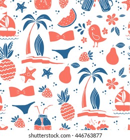 Vector Seamless pattern background with pineapple, swimsuit, bird, starfish, surfboard, palm tree. Perfect for greeting card or invitation, wallpapers, surface textures.