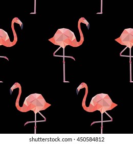 Vector seamless pattern background with pink polygonal flamingos on black background.