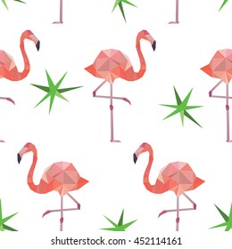 Vector seamless pattern background with pink polygonal flamingos on white background.