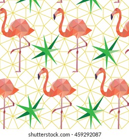 Vector seamless pattern background with pink polygonal flamingos on geometrical background. 