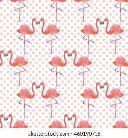 Vector seamless pattern background with pink polygonal flamingos. 