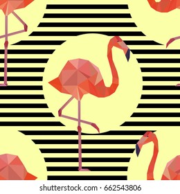 Vector seamless pattern background with pink polygonal flamingos on striped background. 