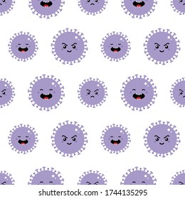 Vector seamless pattern background with purple coronavirus, virus cartoon style characters.
