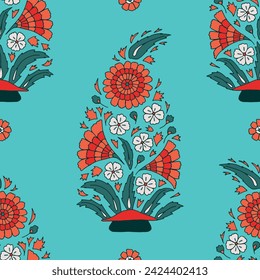 Vector seamless pattern background: Quiet Boteh. A classical Persian boteh with big red and orange flowers alternating with a small red floret on a turquoise background. Part of Boteh Fire collection.