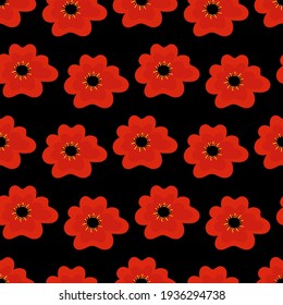 Vector seamless pattern background with red poppy flowers on black. Anzac Day pattern background.