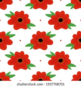 Vector seamless pattern background with red poppy flowers and dots. Anzac Day pattern background.
