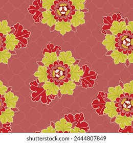 Vector seamless pattern background: Rosettes Galore. Big bright rosettes with framing acanthus leaves on a dark pink background with a subtle trellis. Part of Rosettes On A Trellis collection.