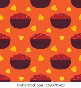 Vector Seamless Pattern Background With Salsa Sauce And Nachos Or Tortilla Chips.