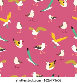 Vector seamless pattern background with seagulls. Pink background.