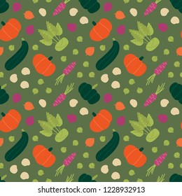 Vector seamless pattern background with set, collection of seasonal vegetables, pumpkin, zucchini, carrot, potato, kohlrabi, onion and brussels sprouts.