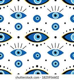 Vector seamless pattern background with set, collection of conceptual blue evil eyes symbols, talismans, amulets.