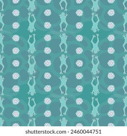 Vector seamless pattern background: Single File Frogs. Frogs swimming in vertical lines, with pale berries between the rows, in front of a water-like background. Part of By The Pondside collection.