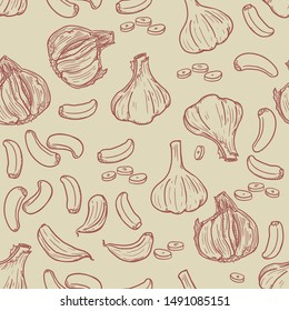 Vector Seamless Pattern Background of Sketch Garlic
