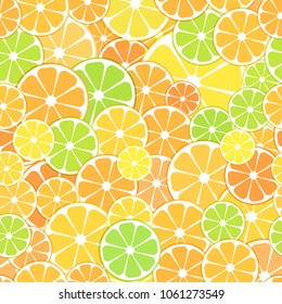Vector seamless Pattern background. sliced halves of citrus fruits oranges, tangerines, lemon and lyme. For business projects banner, cover, layout.