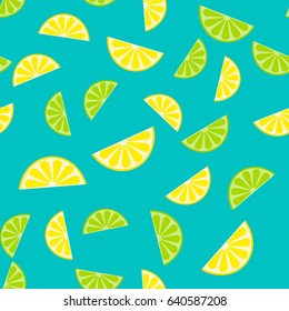 vector seamless pattern, background with slices of lemon and lime, green, yellow, blue