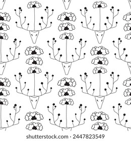Vector seamless pattern background: The Small Flower Deer. This black and white pattern features outlined deer heads with flourishing antlers and flowers. Part of The Flower Tree collection.