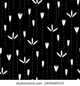 Vector seamless pattern background: Sprouting At Night. White flowers and buds with delicate dashed line stems standing quietly on a black background. Part of Les Petites collection.