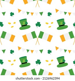 Vector seamless pattern background for St. Patrick’s Day design with flags of Ireland, garlands, coins, leprechaun hats and clover leaves.