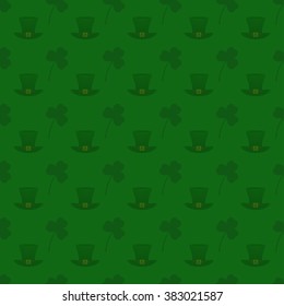 Vector seamless pattern background for St. Patrick's Day. Saint Patricks Day illustration with shamrock and leprechaun's hat.