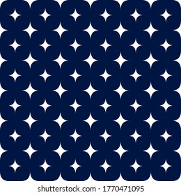 Vector seamless pattern. Background with star. White stars in blue night sky. Repeating sparks shining, sparkling, glowing, twinkling stars. Texture for design with stars random size. Space backdrop