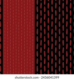 Vector seamless pattern background: Stern Grain. Red seed-like elements on a black, and wavy dashed lines on a red background in a strict order. Part of Les Petites collection.