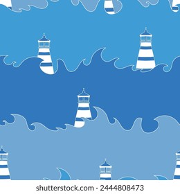 Vector seamless pattern background: Stormy Weather. Amidst of big waves in different shades of blue cute little lighthouses are standing their ground. Part of We Love The Sea collection.