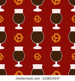 Vector seamless pattern background with stout beer glasses and pretzels for pub and beer related design. 