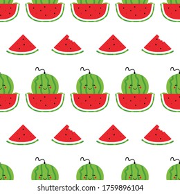 Vector seamless pattern background for summer design with cute smiling cartoon watermelon character and watermelon slices.