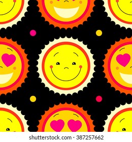 Vector seamless pattern background with sun and dots on black background. Sun icons and confetti  background. Abstract seamless smile icons texture for room wallpaper, textile. 