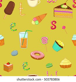 vector seamless pattern background sweet cake donut ice cream popsicle tea coffee juice lemonade candy on green background