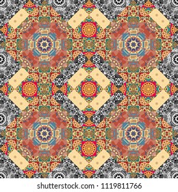 Vector seamless pattern. Background, texture with pop art effect. Geometric design template with yellow, gray and beige elements. Technologic fabric tile card cover print badge.