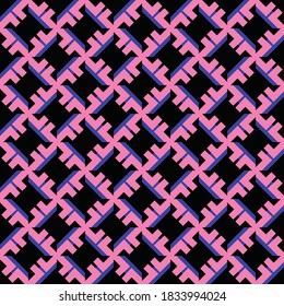 Vector seamless pattern background texture with geometric shapes, colored in black, blue and pink colors.