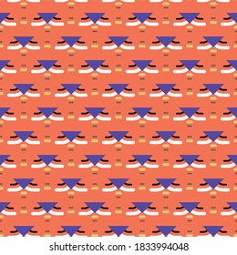 Vector seamless pattern background texture with geometric shapes, colored in orange, purple, black, yellow, grey and white colors.