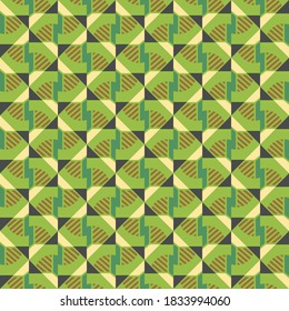 Vector seamless pattern background texture with geometric shapes, colored in green, brown, dark grey and yellow colors.