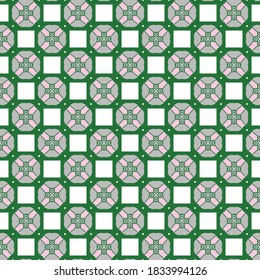 Vector seamless pattern background texture with geometric shapes, colored in green, pink, grey and white colors.