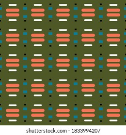 Vector seamless pattern background texture with geometric shapes, colored in green, orange, blue, black and white colors.