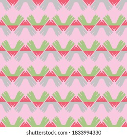 Vector seamless pattern background texture with geometric shapes, colored in pink, green, grey and red colors.