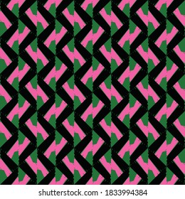 Vector seamless pattern background texture with geometric shapes, colored in black, green and pink colors.